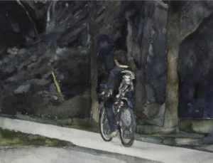"Untitled (Kid on Bike)", 2019, gouache on paper, 7.5" x 10"