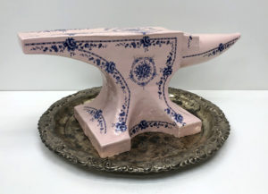 Clint Neufeld, "My Wife’s Grandfather’s Anvil on my Father’s Mother’s Silver Platter", 2018, Ceramic and Silver Platter, 20” x 9” x 15”