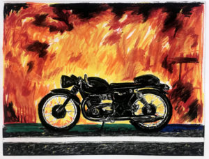 Erik Olson, "Motorcycle: California Fire", 2019, Original hand coloured with pastel on etching and aquatint, 13" x 17"