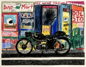 Erik Olson, "Motorcycle: Dino Mart", 2019, Original hand coloured with pastel on etching and aquatint, 13" x 17"