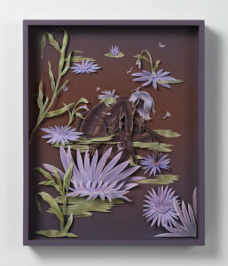WINNIE TRUONG LILIES IN THE BOG , 2021, DRAWING AND CUT PAPER COLLAGE ON PANEL, 20” x 16”
